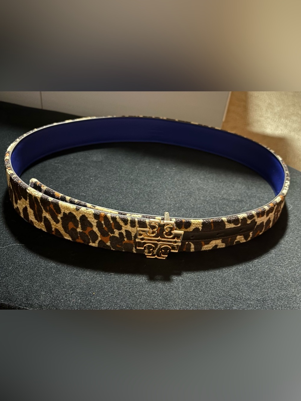 Tory Burch Leopard Print Belt with Gold Double-T Buckle and Blue Lining